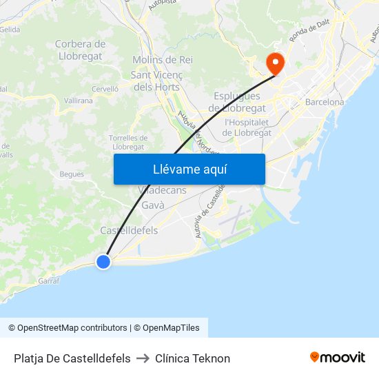 Platja De Castelldefels to Clínica Teknon map