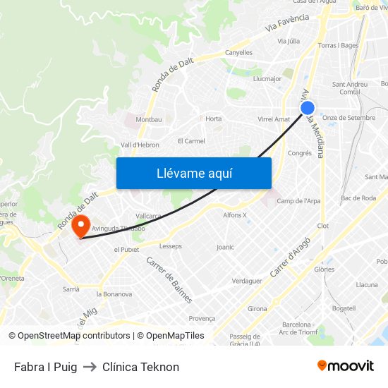 Fabra I Puig to Clínica Teknon map