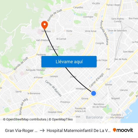 Gran Via-Roger De Flor to Hospital Maternoinfantil De La Vall D'Hebron map