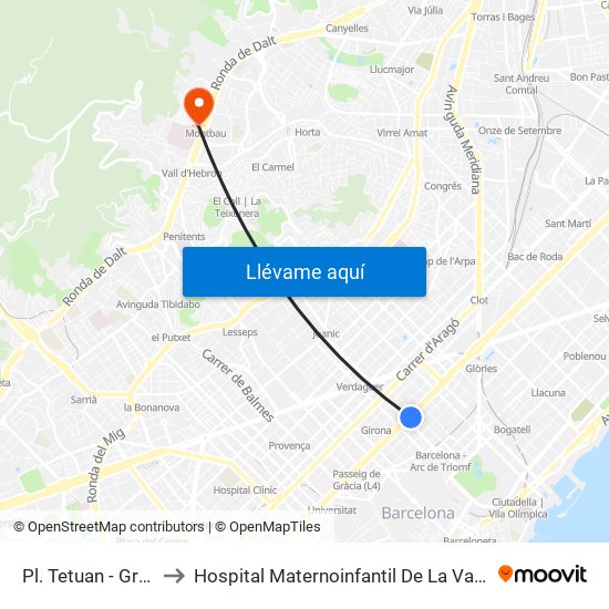 Pl. Tetuan - Gran Via to Hospital Maternoinfantil De La Vall D'Hebron map