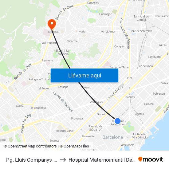 Pg. Lluís Companys-Arc De Triomf to Hospital Maternoinfantil De La Vall D'Hebron map