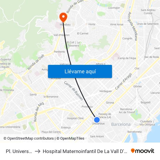 Pl. Universitat to Hospital Maternoinfantil De La Vall D'Hebron map