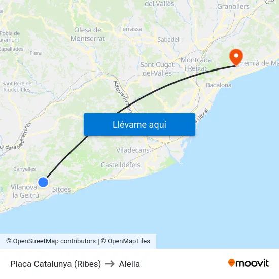 Plaça Catalunya (Ribes) to Alella map
