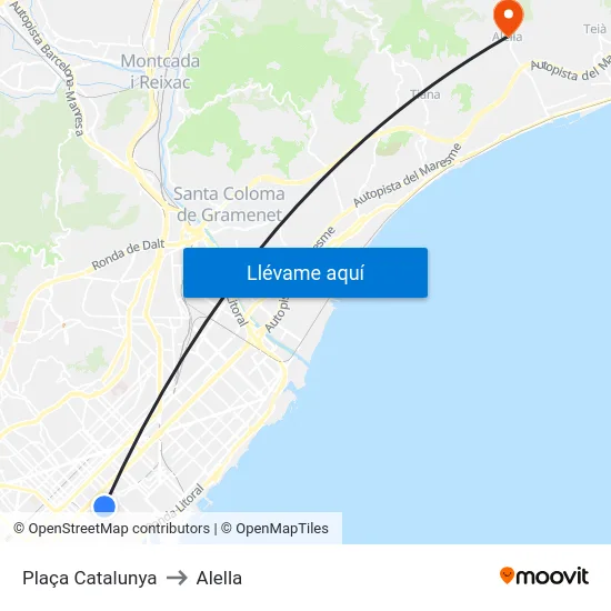 Plaça Catalunya to Alella map