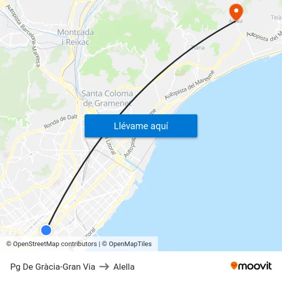 Pg De Gràcia-Gran Via to Alella map