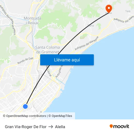 Gran Via-Roger De Flor to Alella map