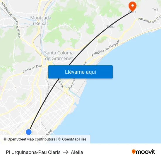 Pl Urquinaona-Pau Claris to Alella map