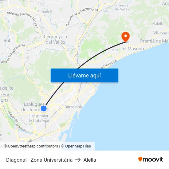 Diagonal - Zona Universitària to Alella map