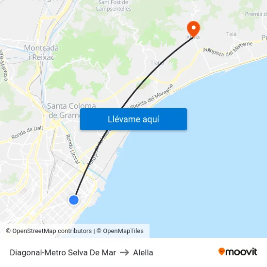 Diagonal-Metro Selva De Mar to Alella map
