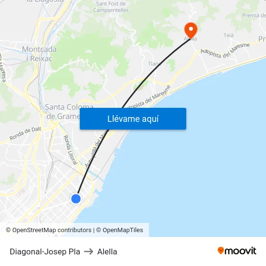 Diagonal-Josep Pla to Alella map