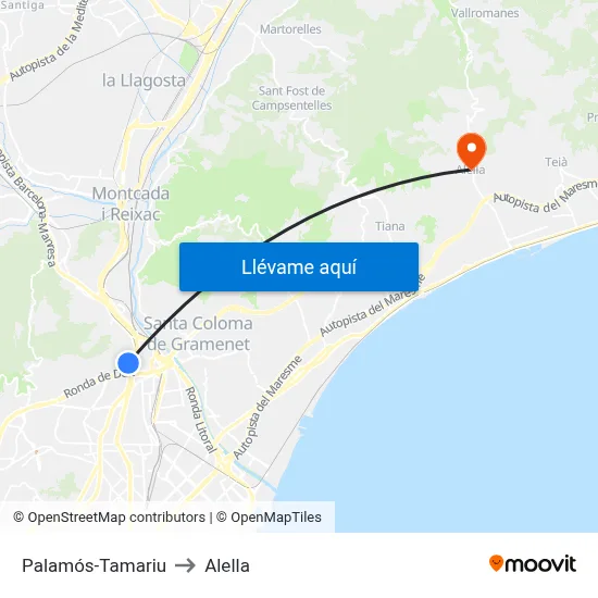 Palamós-Tamariu to Alella map