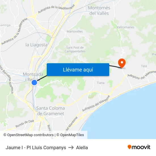 Jaume I - Pl Lluís Companys to Alella map