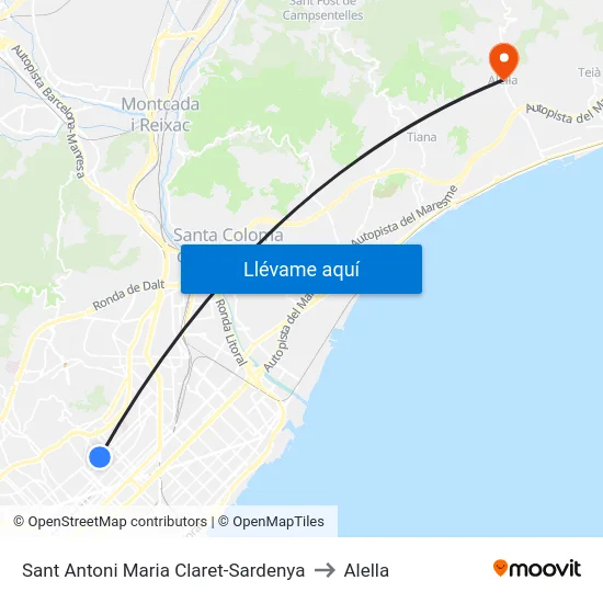 Sant Antoni Maria Claret-Sardenya to Alella map