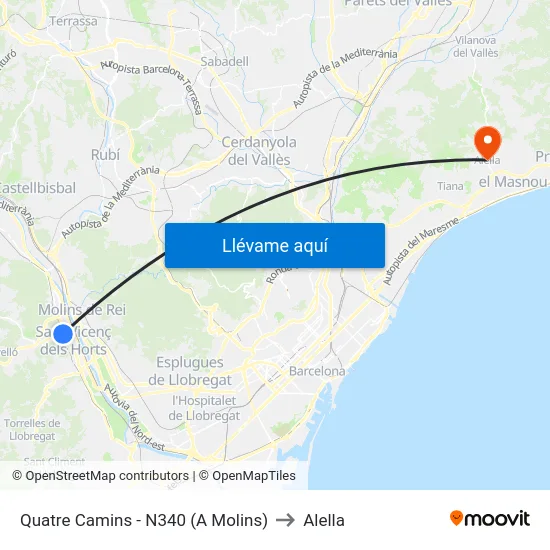 Quatre Camins - N340 (A Molins) to Alella map