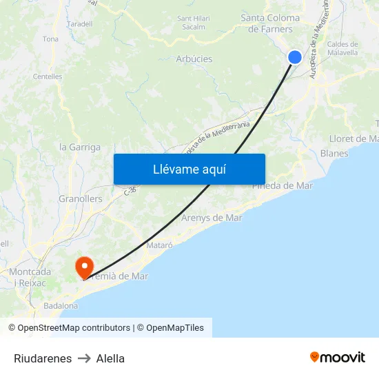 Riudarenes to Alella map