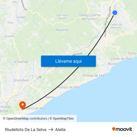 Riudellots De La Selva to Alella map