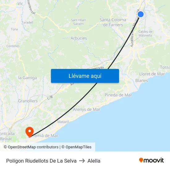 Polígon Riudellots De La Selva to Alella map