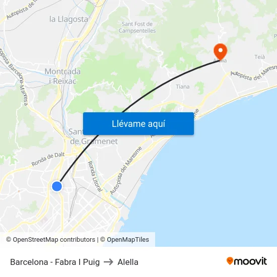 Barcelona - Fabra I Puig to Alella map