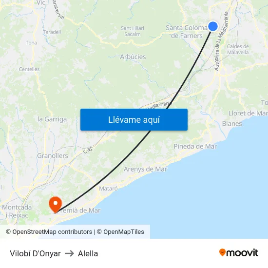 Vilobí D'Onyar to Alella map