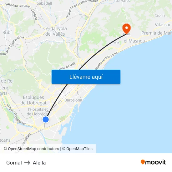 Gornal to Alella map
