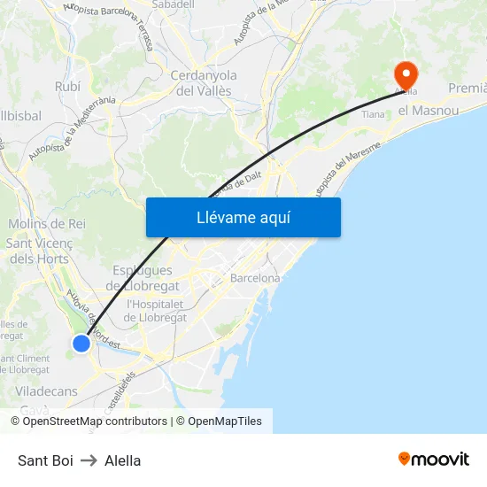 Sant Boi to Alella map