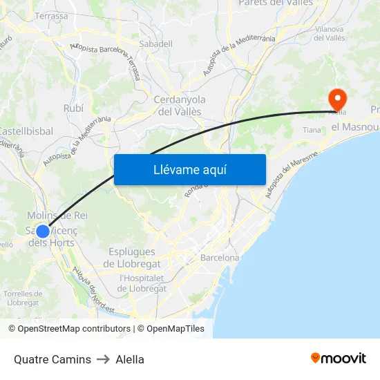 Quatre Camins to Alella map