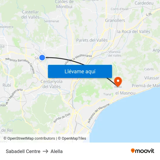 Sabadell Centre to Alella map