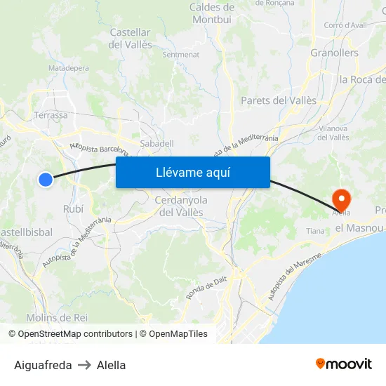 Aiguafreda to Alella map