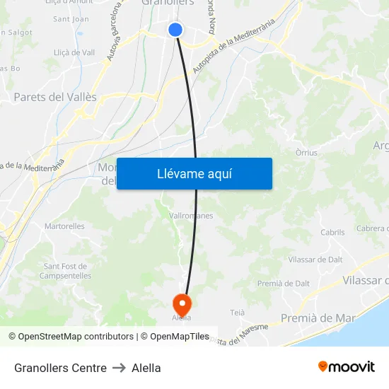 Granollers Centre to Alella map