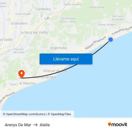 Arenys De Mar to Alella map