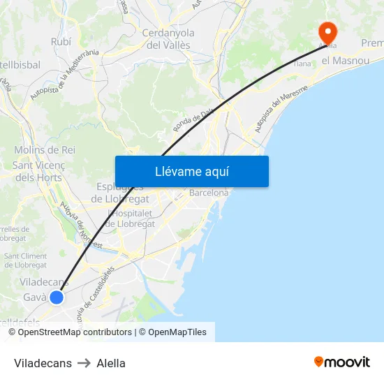 Viladecans to Alella map