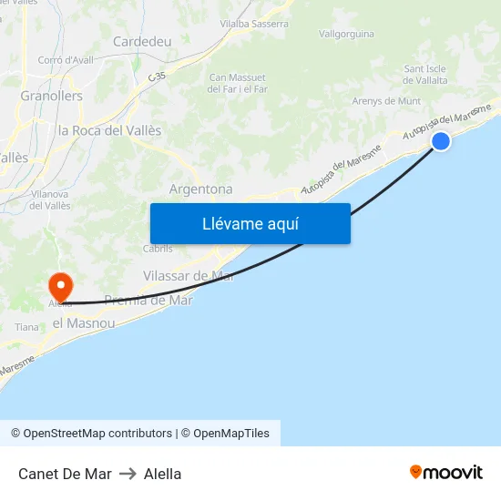 Canet De Mar to Alella map