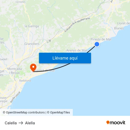 Calella to Alella map