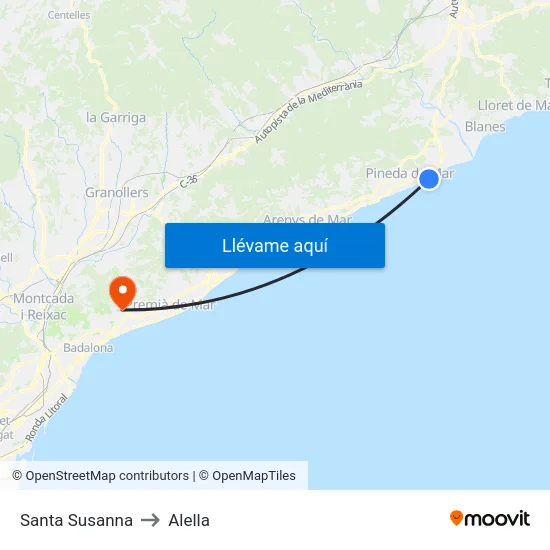 Santa Susanna to Alella map