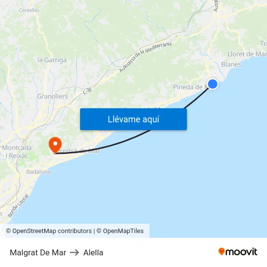 Malgrat De Mar to Alella map