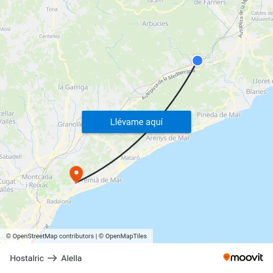 Hostalric to Alella map