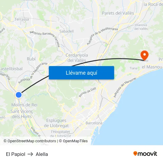 El Papiol to Alella map