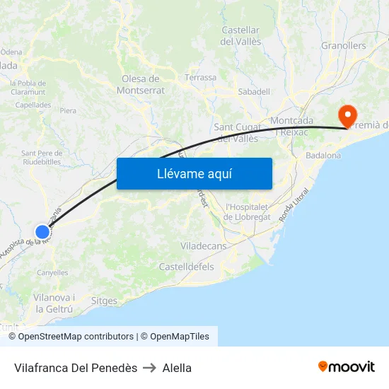 Vilafranca Del Penedès to Alella map