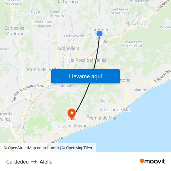 Cardedeu to Alella map