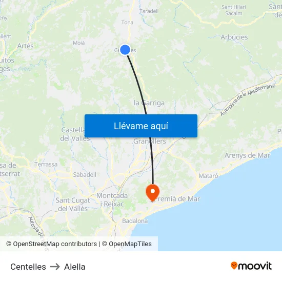 Centelles to Alella map