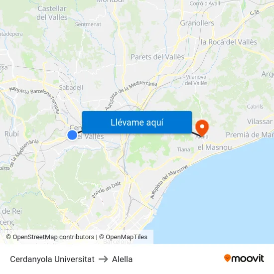 Cerdanyola Universitat to Alella map