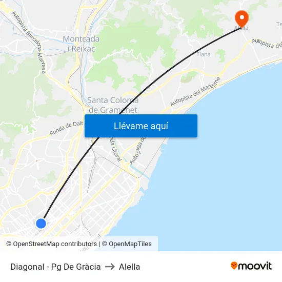 Diagonal - Pg De Gràcia to Alella map