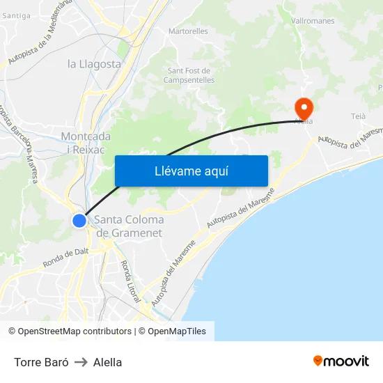 Torre Baró to Alella map