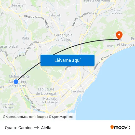 Quatre Camins to Alella map