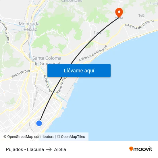 Pujades - Llacuna to Alella map