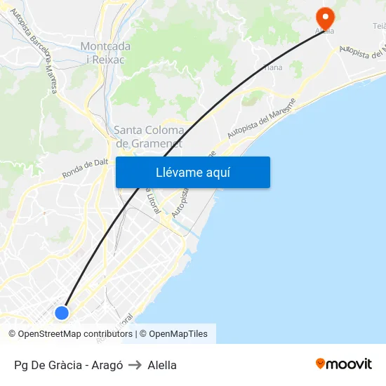 Pg De Gràcia - Aragó to Alella map