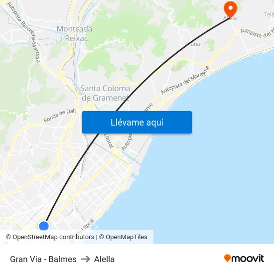 Gran Via - Balmes to Alella map