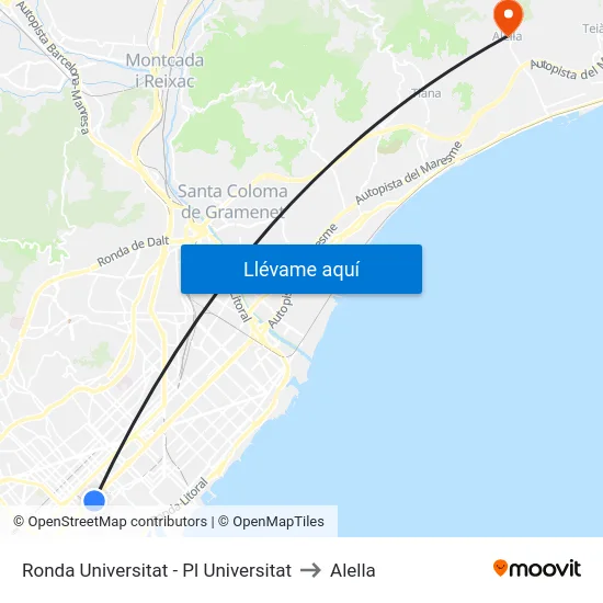 Ronda Universitat - Pl Universitat to Alella map
