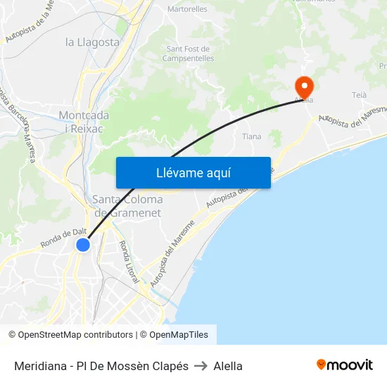 Meridiana - Pl De Mossèn Clapés to Alella map