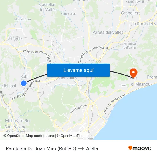 Rambleta De Joan Miró (Rubí+D) to Alella map